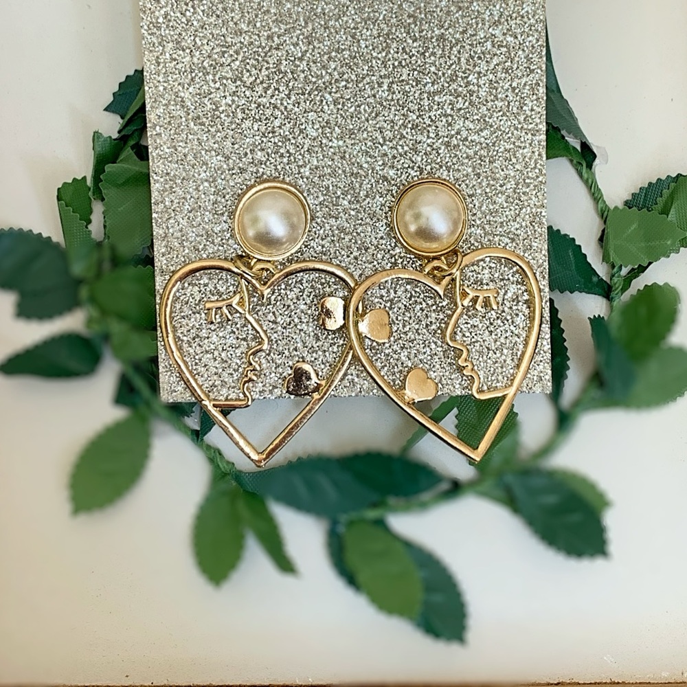 Gold Heart Shaped Face Drop Earrings